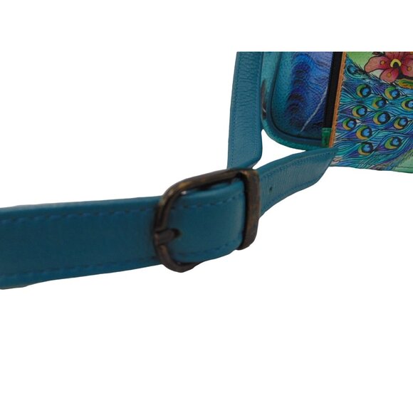 Anuschka Leather Crossbody Purse Wallet Teal Blue Feather Peacock Hand Painted - Picture 6 of 16